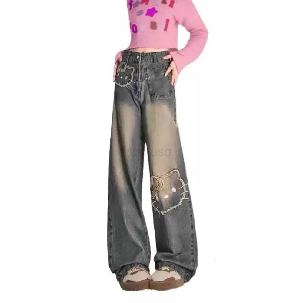 Sanrio Cartoon Women Jeans Hello Kitty Trousers Sanrioed Anime Cute Autumn Student High Waisted Embroidery Kawaii Girls Wide Leg Pant L250925