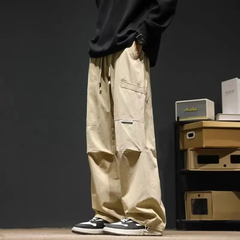 wide leg pocket cargo pants mens Trouser neutral loose casual cotton straight outdoor fashion pants large size 5xl 250427