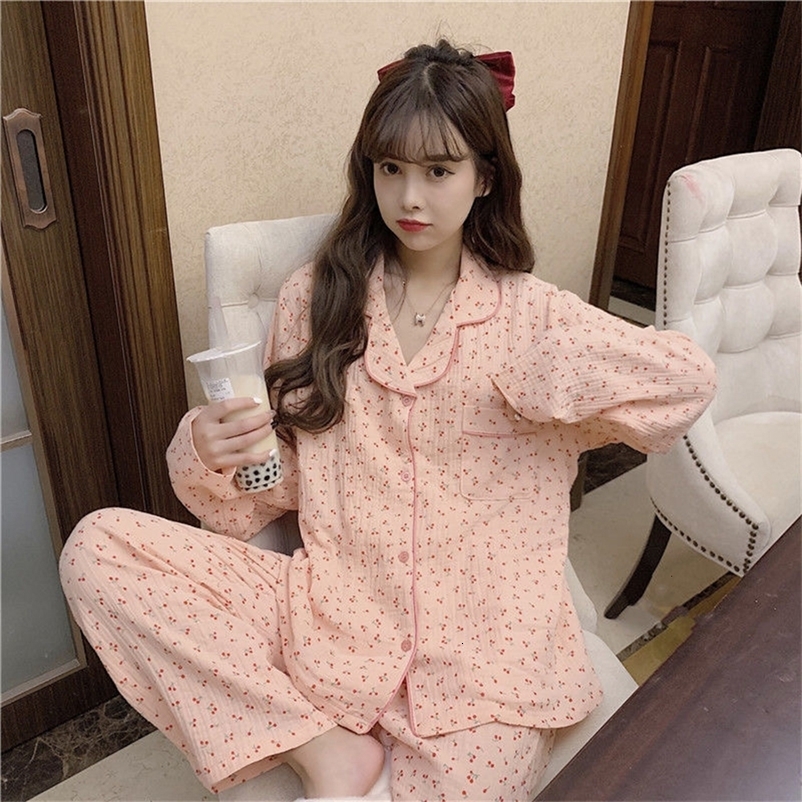 Women's Sleepwear linen 100%cotton Pajama Sets Women Cute Cherry print Spring Long Sleeve Sleepwear Loose Sweet Girl Students Length Pants Lounge