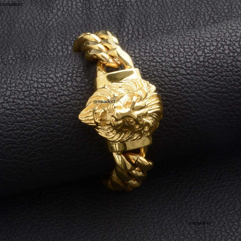 Real Gold Plated Miami Cuban Link Chain Lion Head Men Hip Hop Stainless Steel Jewelry Bracelets 1d
