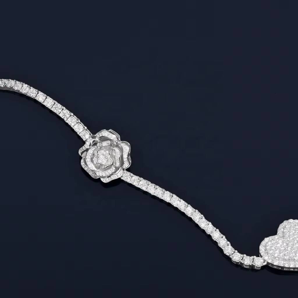 Hip Hop Iced Jewelry 3mm VVS D Color Moissanite Bling 925 Silver Rose Flower Heart Tennis Chain Necklace for Women Gift