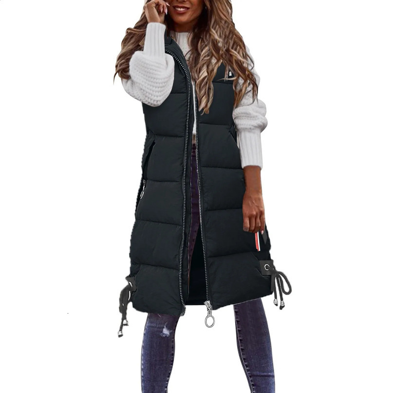 Womens solid hooded vest with zipper pocket loose sleeveless jacket long coat womens winter warm cold resistant 240910