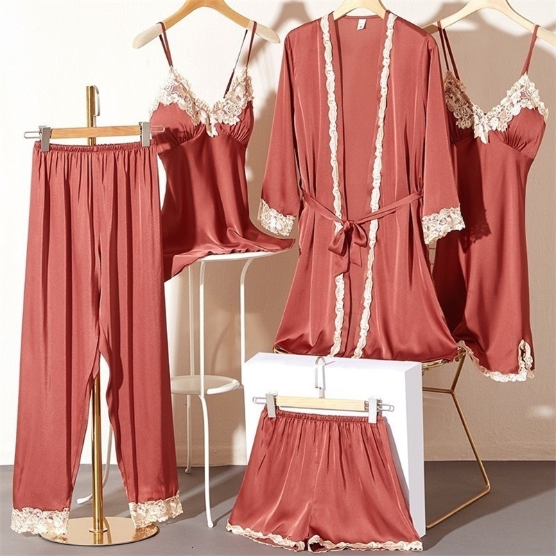 Women's Sleepwear Lace 5PCS Pajamas Set Spring Sleepwear Women Satin Lounge Wear Lingerie Home Clothes Sexy Kimono Bathrobe Gown With Breast Pads
