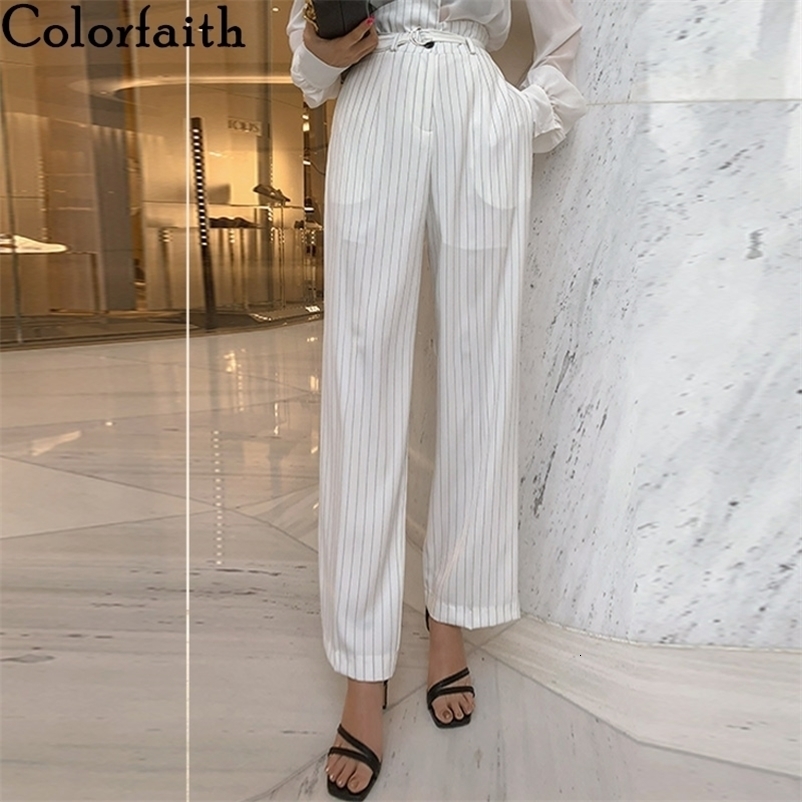 Colorfaith New Autumn Winter Women Pants Wide Leg High Waist Striped Lace Up Irregular Elegant Ankle-Length Trousers P3212 210413