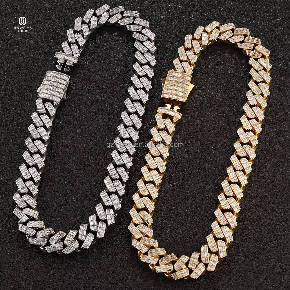 New Arrival Hip Hop Jewelry Diamond Moissanite Iced Out 925 Silver Gold Plated Men Necklace Baguette Cuban Chain