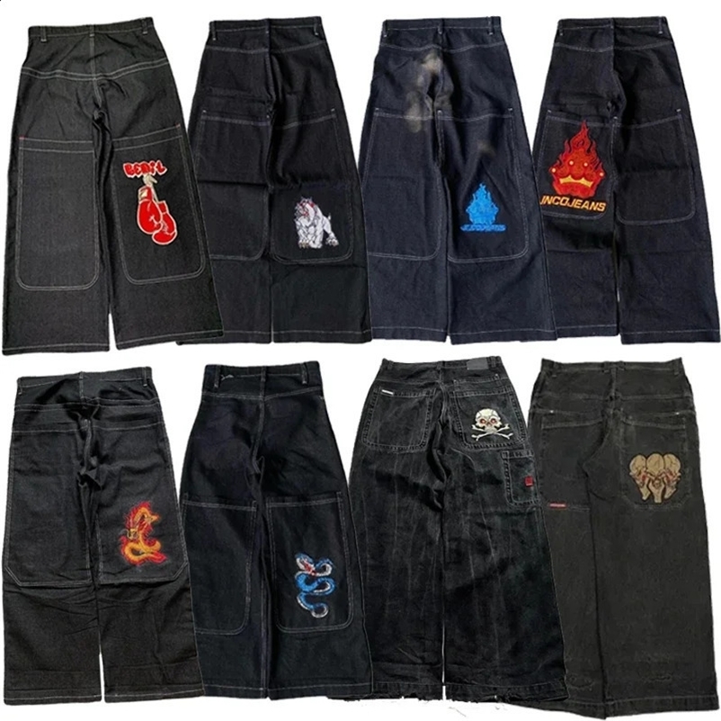 Y2K JNCO high quality Embroidered Hip Hop baggy jeans Tribal Jeans Gothic Streetwear Harajuku Black Pants Waist Wide Leg Trouser 240809