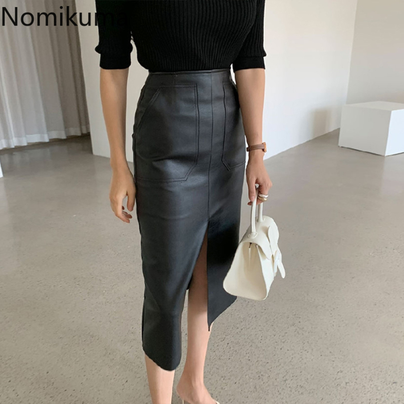 Nomikuma Korean Elegant Split PU Women Skirt High Waist Sexy Slim Pu Leather Skirts Autumn Winter Faldas Mujer Moda 6C926 210427
