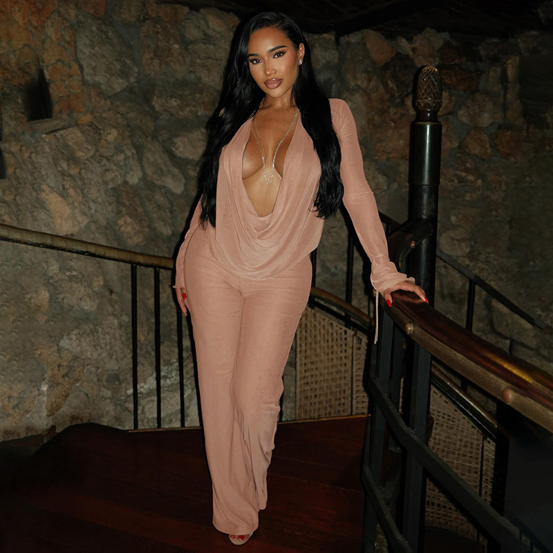 2023 J25ST273 Women's Fashion Sexy Mesh Swing Collar Tie Sleeve Top Slim Fit Long Pants Set