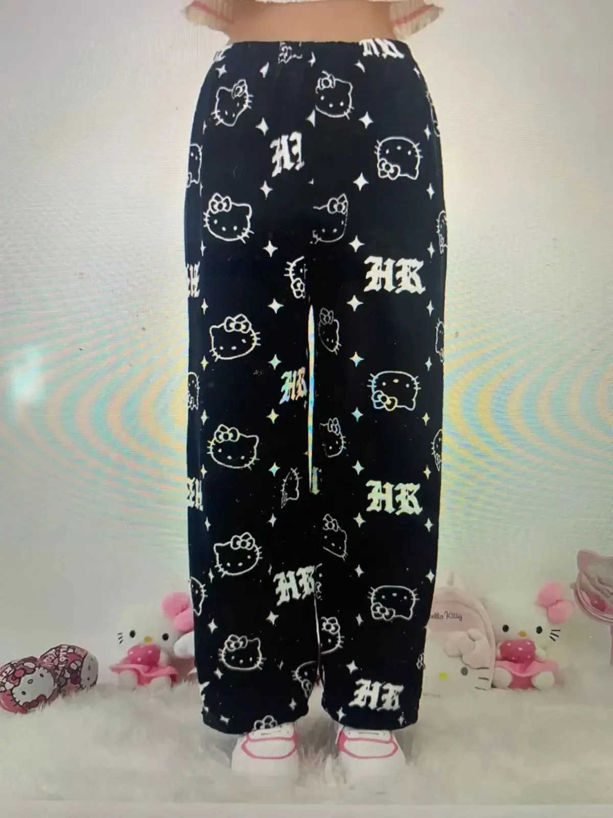 Sanrio Anime HelloKitty Y2k Pajamas Pants Women Pjs Halloween Household Dress Kawaii Woolen Cartoon Casual Home Pants L2509251