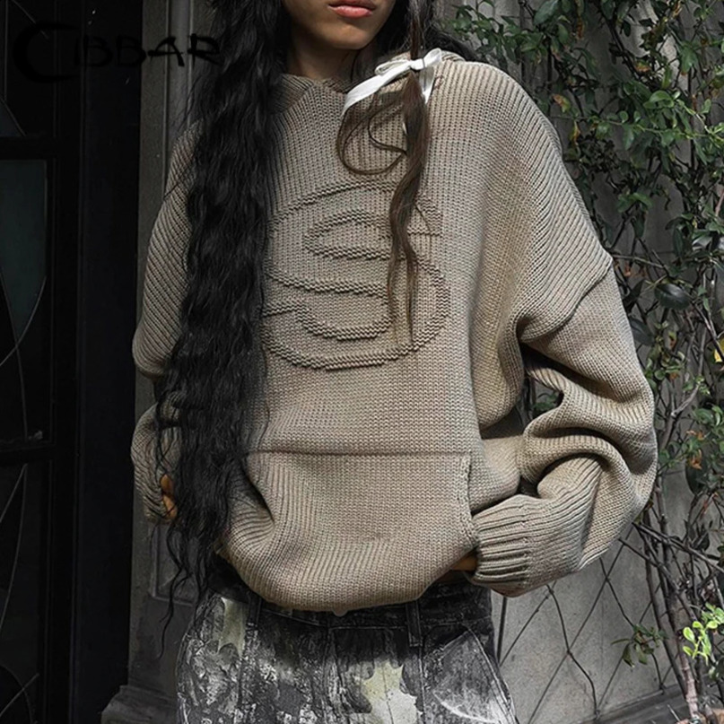 CIBBAR Oversized Letter Print Sweater Solid Loose Hooded Jumpers Pullovers for Women y2k Vintage Streetwear Casual Clothing Lady 240824