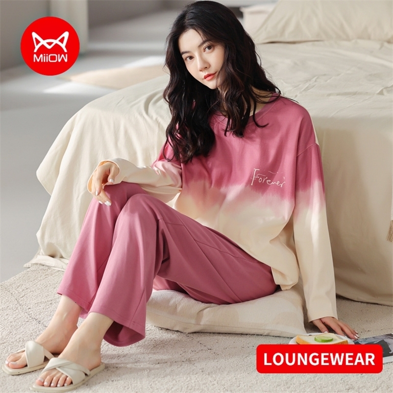Women's Sleepwear MIIOW Cotton Women's Homewear Pajamas Long Sleeves Pants 2 Piece Sleepwear Sets Loose Comfortable Gradient Color Home Clot