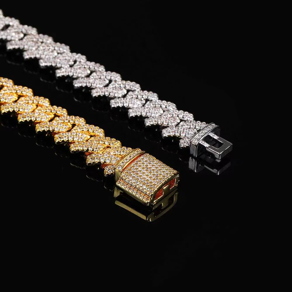 trend 14mm Gold Prong Iced Out Diamond Cuban Link Chain Hip Hop Mens Fashion Jewelry Necklace for Women