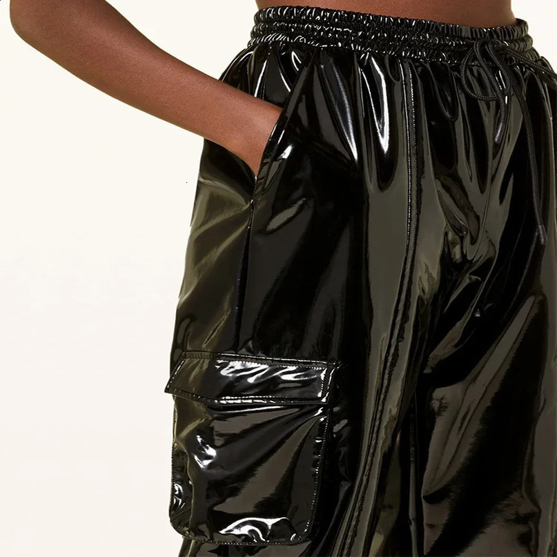 Womens high waisted shiny synthetic latex cargo pants womens fashion patent leather brushed elastic polyurethane lamp Trouser customization 240910