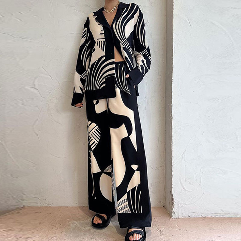 2025 Spring New Women's Elegant Printed Long Sleeve Shirt Wide Leg Pants Fashion Set