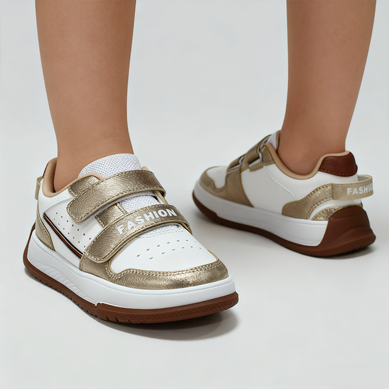 Casual Shoes Children's Stylish Low - Top Casual Shoes - White & Gold Colorblock Design, Easy - On Velcro Closure