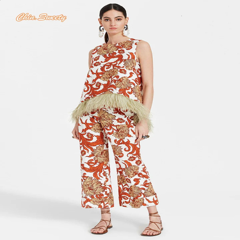 Printed feather splicing fashion twopiece set for womens sleeveless Oneck top high waisted pants casual ethnic tribe 240814
