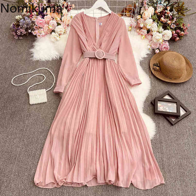 Nomikuma Korean Pleated A-line Elegant Long Dress Belt Slim Waist V-neck Long Sleeve Vestidos Spring New Women Dresses 6G176 210427