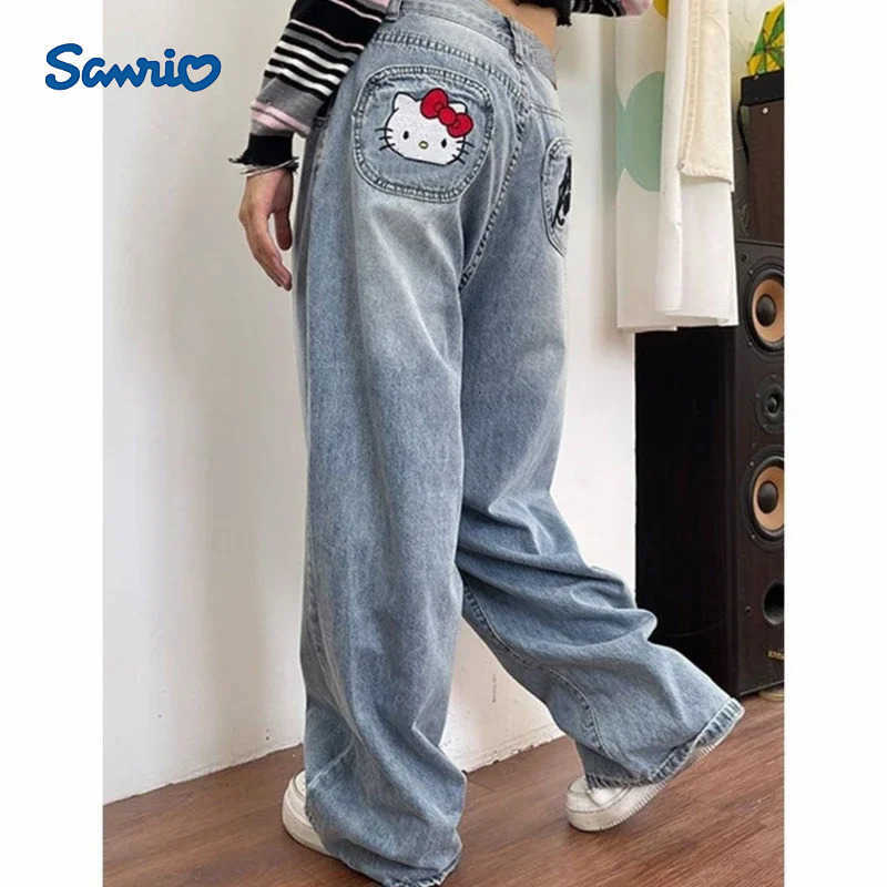 Sanrio Hello Kitty Y2k Jeans Cartoon Vintage Letters Embroidered Jeans High Waist Loose Wide Leg Pants High Street Womens Pants L250925