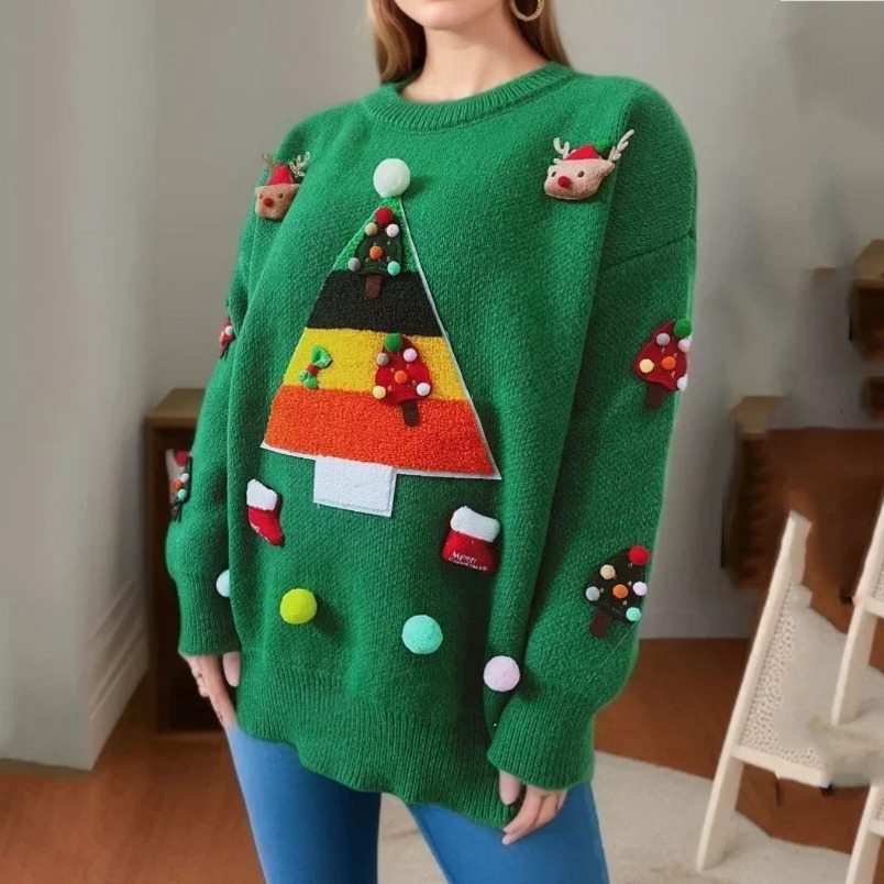 Autumn and Winter Christmas Tree Jacquard Womens Sweater Loose Weight Loss Round Neck Knitted Sweater Fashion Womens Printed Top 241113