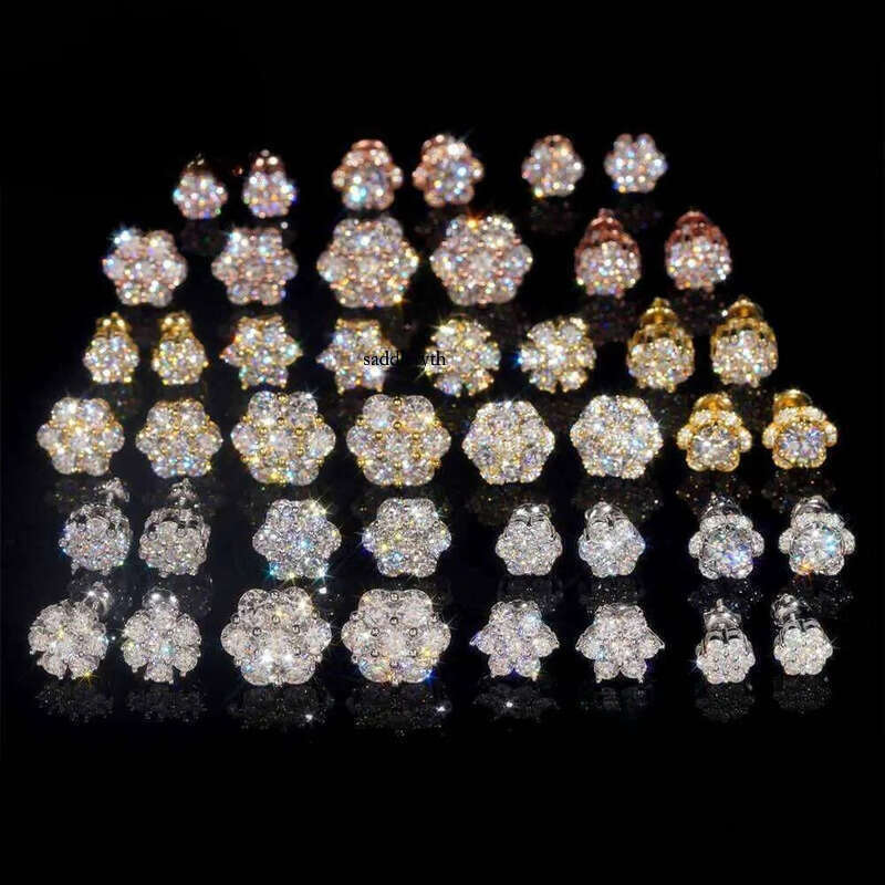 Hot Sale Pass Tester Hip Hop Sier Gold Plated VVS Dia Moissanite Flower Stud Earrings Cluster 44
