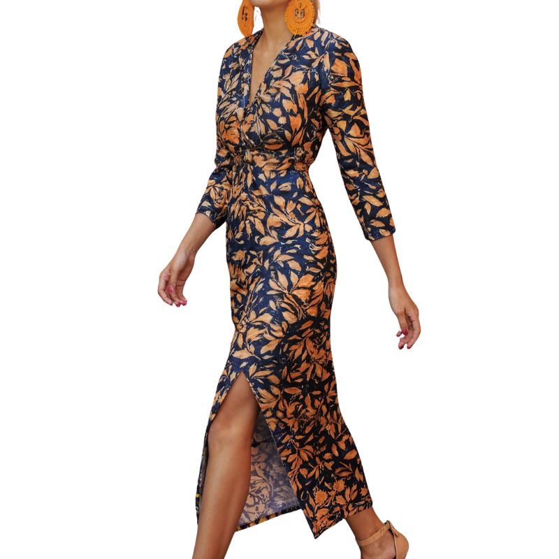 Women's Autumn Winter Fashion Vacation Plant Printed Split Long - Sleeve Midi Dress, Milk Silk Casual Dress-CF55140