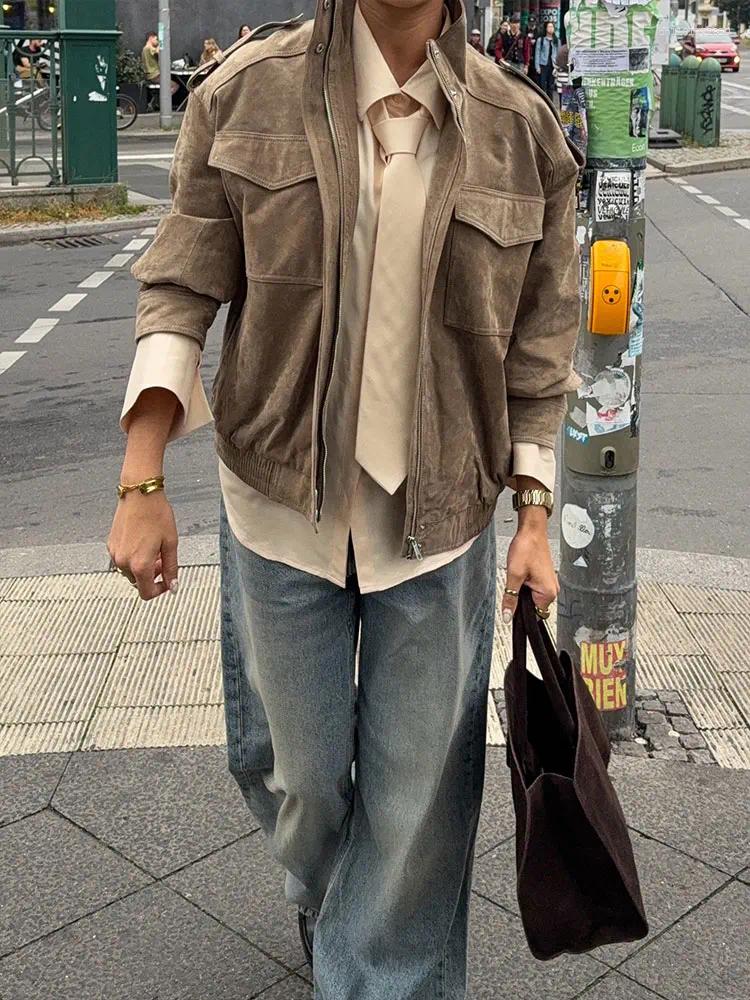 Women's Jackets Women Casual Solid Turtleneck Long Sleeve Zipper Loose Coats With Pocket Autumn Office Lady Outwear