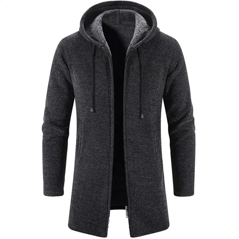 Autumn and winter mens zipper hooded cardigan sweater jacket warm medium length cardigan casual solid color knitted sweater 241203