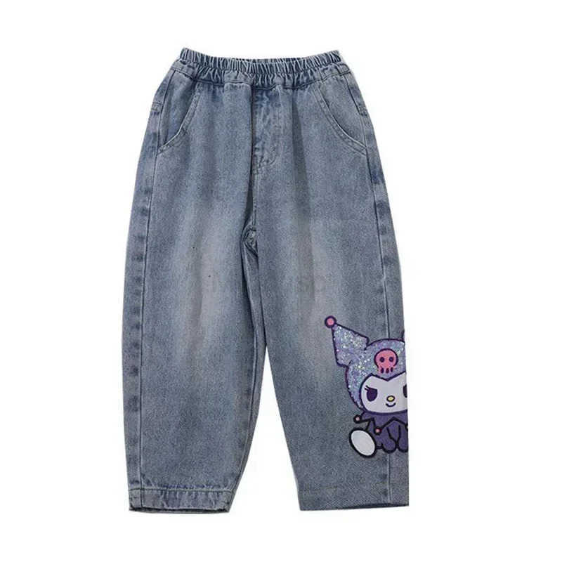 Sanrio 2024 New Kuromi Kids Jeans Cute Cartoon Retro Loose Fashion Elastic Waist Children Versatile Jeans Toys for Girl Gifts L250925