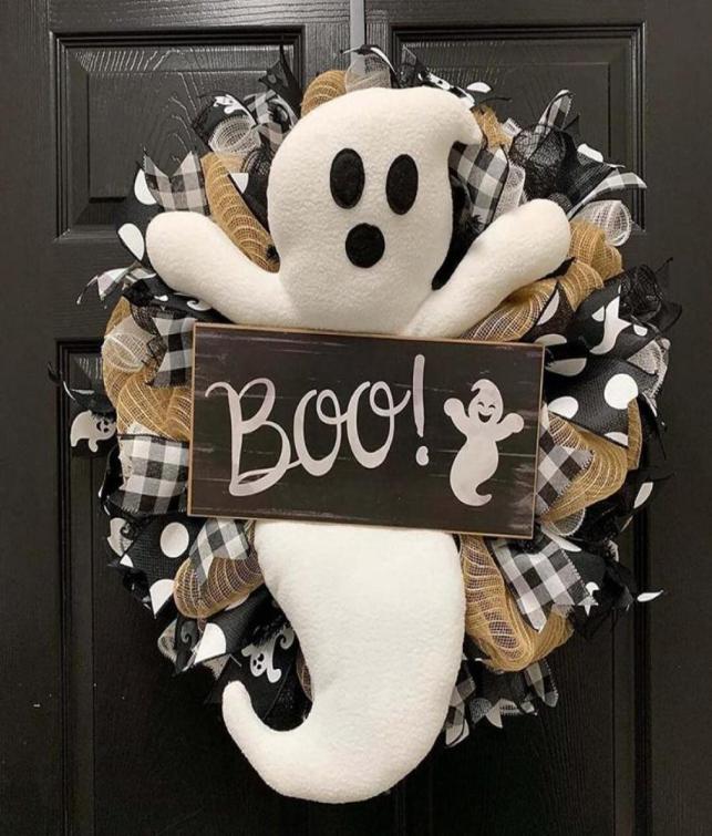 Decorative Flowers Wreaths Halloween Wreath Farmhouse Ghost Outdoor Front Door Indoor Wall Decor BOO Garland Pendant For Home2222191