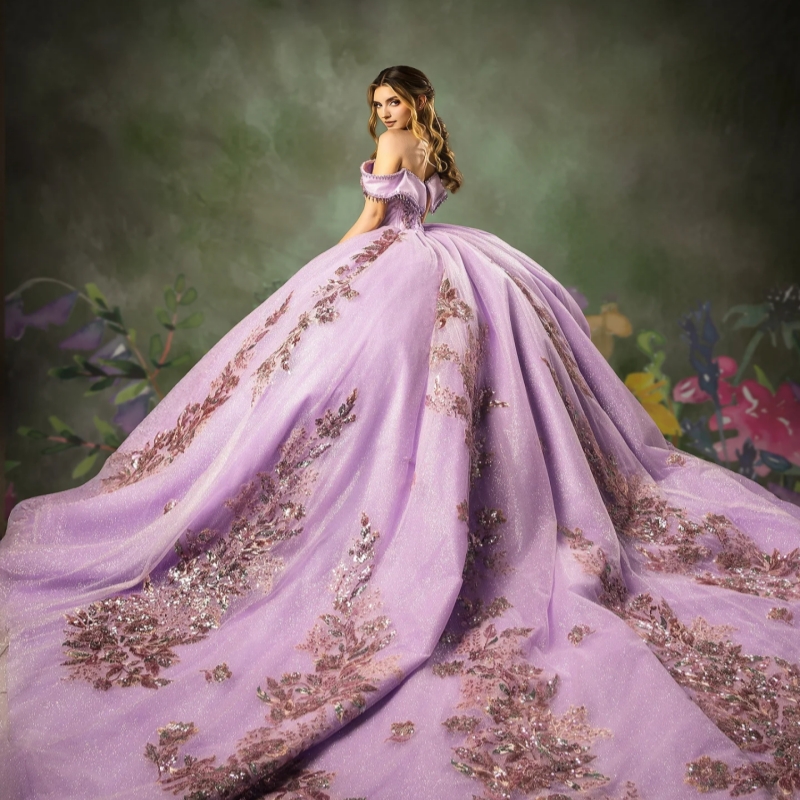Light Lilac Shiny Quinceanera Dresses Off The Shoulder Sequin Applique Lace Beading Crystal Tull Party Birthday Sweet 16 Dress Vestidos 15 De Anos