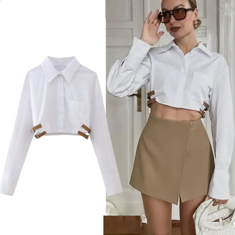 Traf belt cut shirt womens button white fashionable collar long sleeved top 240810