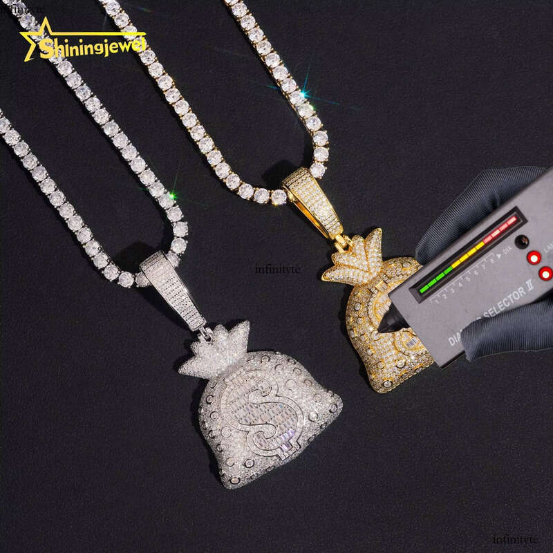 Solid Back Hip Hop Jewelry Money Bag Custom Iced Out Fashion Sier VVS Moissanite Baguette Dia Wealthy Pendant aaa