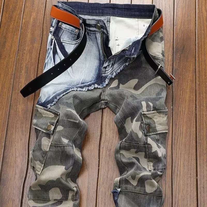Lanjia- European Style Ripped Jeans Patch Men's Camouflage Slim Fit Skinny Trendy Brand Casual Long Pants Autumn Aa87f