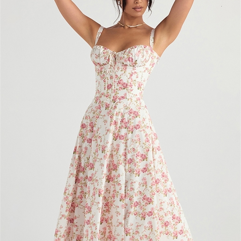 Party Dresses Karlofea Elegant Vintage Print Floral Midi Dresses Sexy Back Lace Up Robe Fashion Farm Party Clothing Women's Summer Long Dress 230