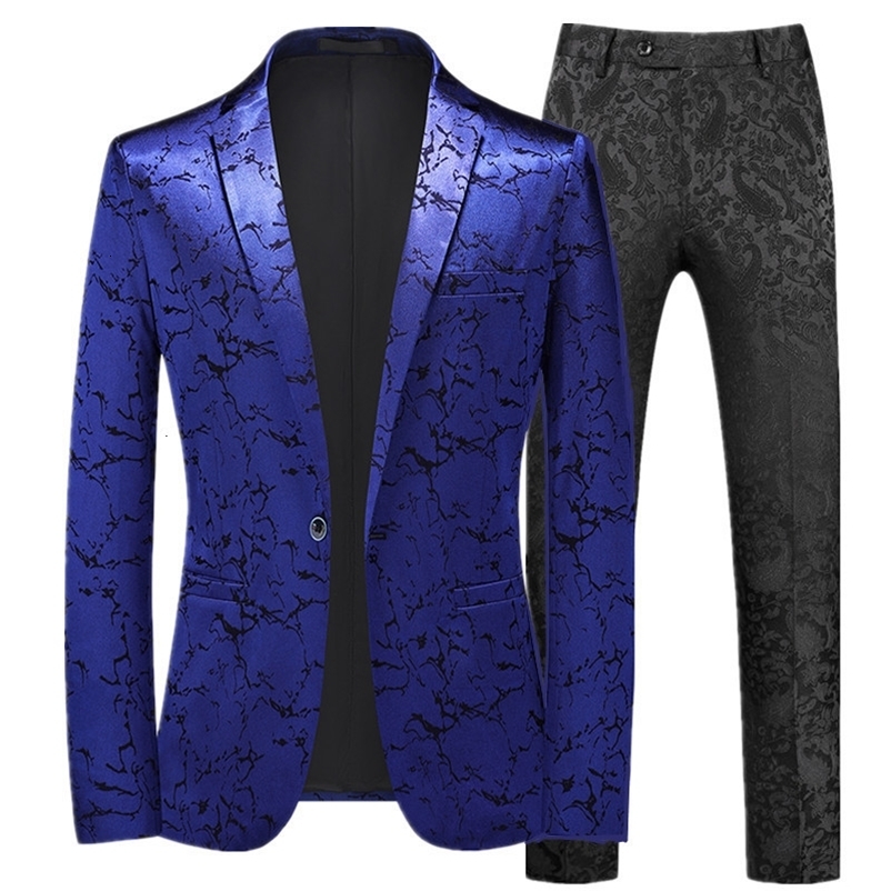 Men's Suits Blazers Autumn Men's Prom Party Dress Suit Black / Blue Fashion Men Small Jacquard Blazers Jacket and Pants Size 6XL-S 230427
