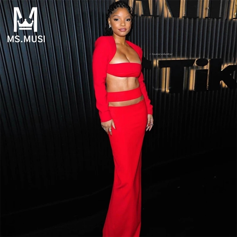 MSMUSI Fashion Women Sexy Hollow Out Long Sleeve Bandage Two Piece Set Bodycon Party Club Short Top And Slit Skirt Set 250109