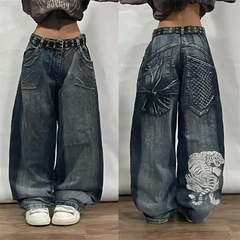 Harajuku retro tiger head embroidered pocket jeans Y2K street fashion hip-hop pop gothic casual clown wide leg pants 241007