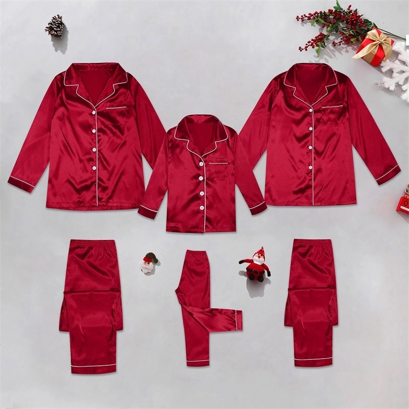 Satin Silk Family Matching Pajama Suits Christmas Sleepwear 2 Piece Set Solid Color Button Lapel Long Sleeve ShirtsCasual Pants 241022