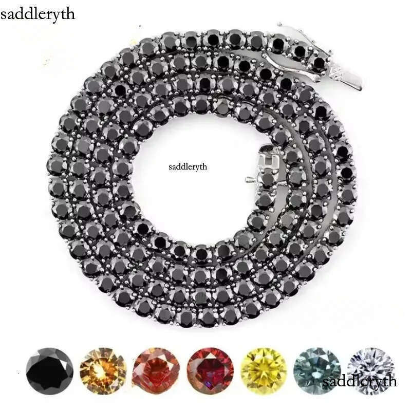 sterg sier GRA Certificated 3mm 4mm black moissanite chain pass dia tester hip hop tennis necklace