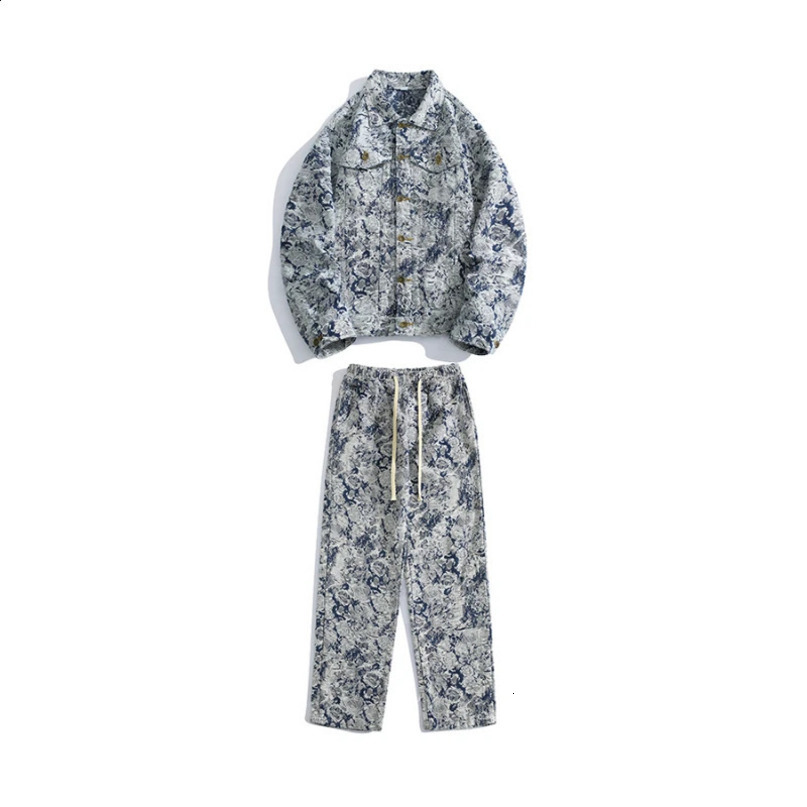 American Niche Jacquard Denim Jacket Jeans Suit Mens Handsome Casual Loose High Street Jackets Trousers Set Male Clothes 250228