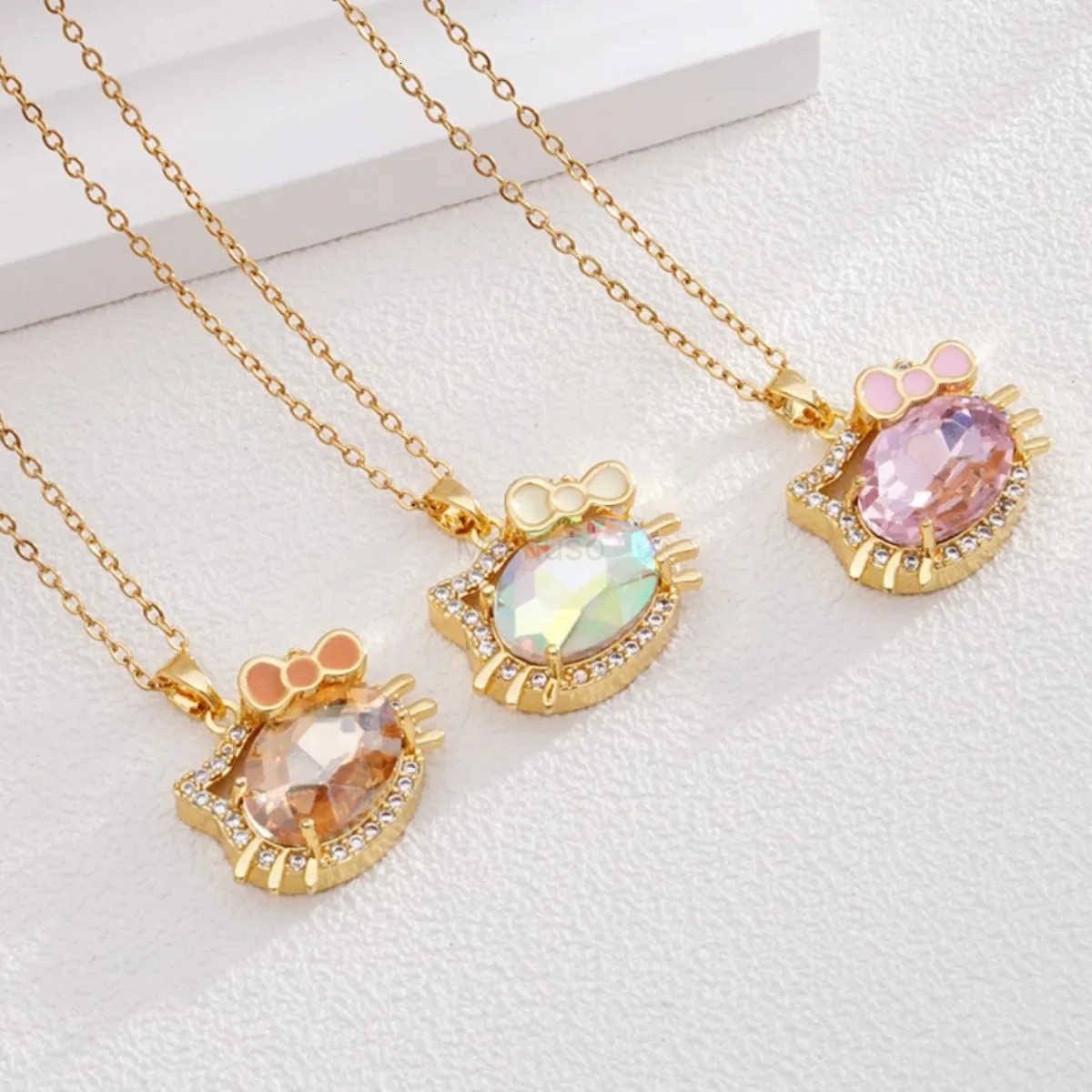 Sanrio Stainless Steel Chain Cute Colorful Crystal Hello Kitty Pendant Necklaces for Women Girls Gold Color Jewelry Accessories Gifts L250925