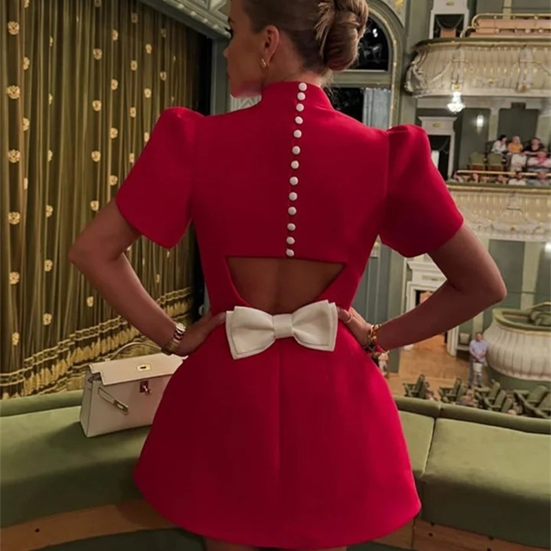 Womens red bow mini dress short sleeved fashionable pad shoulder dress backless hollow womens summer fashion first-line party vest 241231
