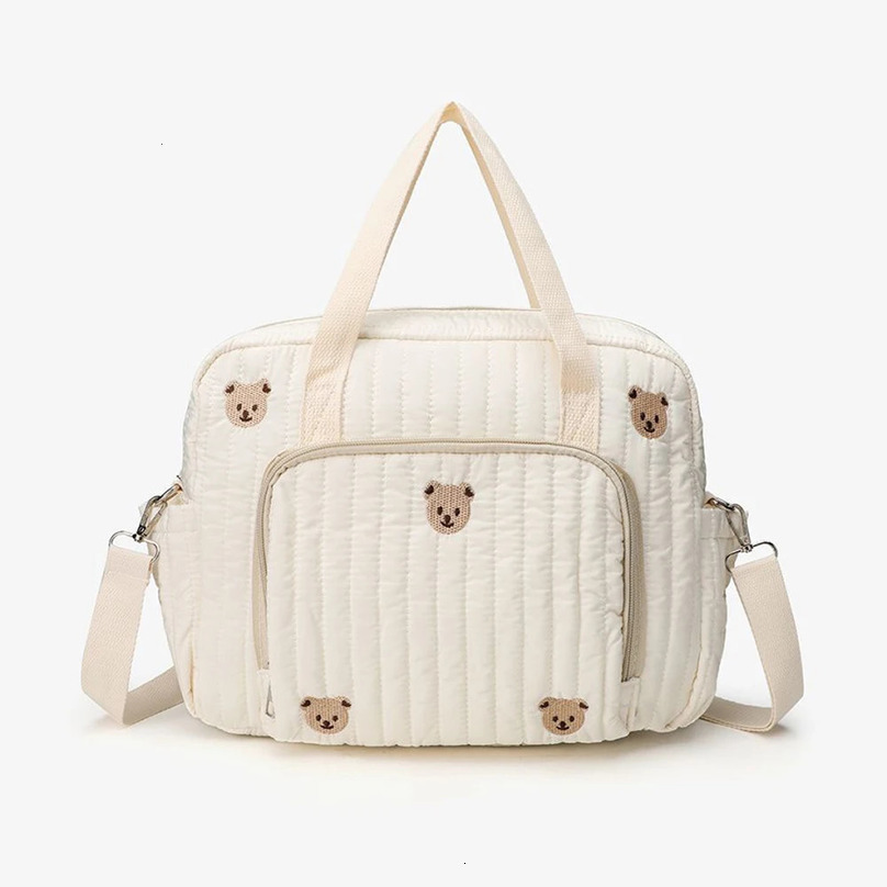 Cute Bear Flower Embroidery Pattern Baby Beige Cotton Fabric Zipper Diaper Handbag Luggage Bag 250218