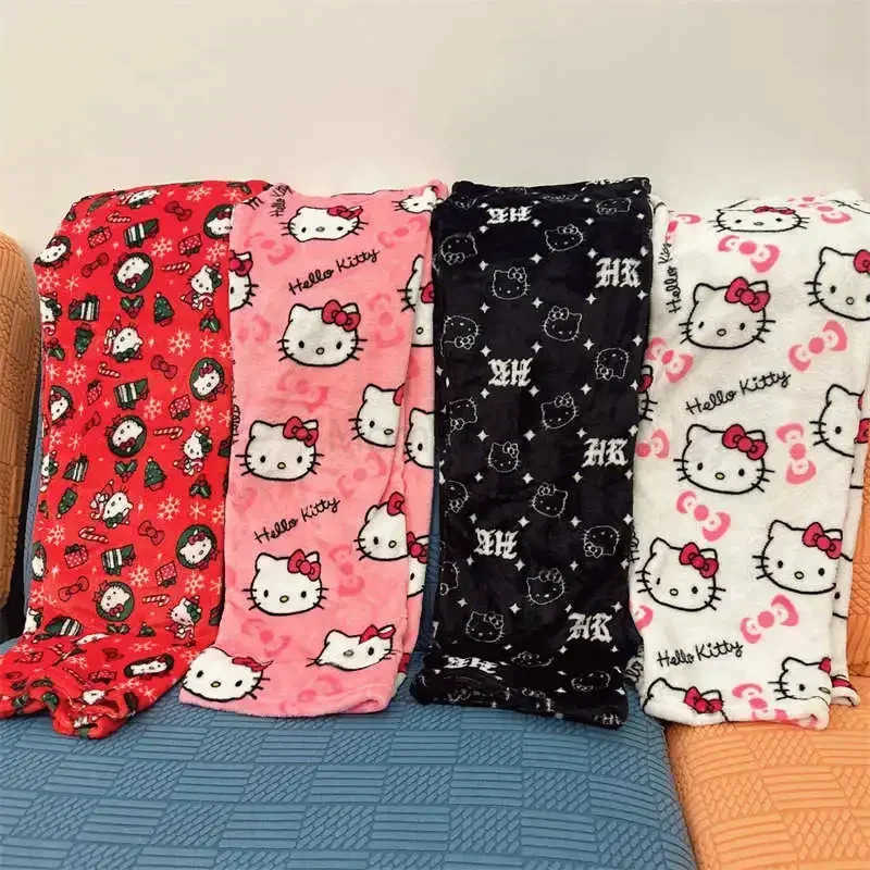 Sanrio Halloween Hello Kitty Pajama Pants Anime Fleece Double Elastic Fabric Soft Trousers Women Cartoon Birthday Gift L250925
