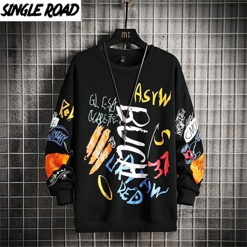 SingleRoad Mens Crewneck Sweatshirt Men Graffiti Oversized Japanese Streetwear Hip Hop Black Hoodie Men Sweatshirts Hoodies 201127