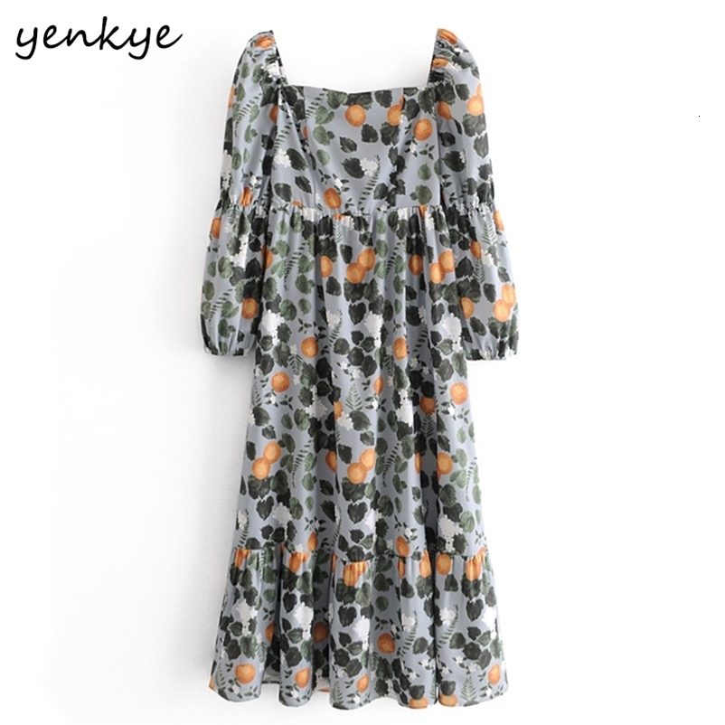 YENKYE Vintage Lemon leaves Print Prairie Chic Dress Women Sexy Square Neck Long Sleeve A-line Chiffon Long Dress Summer Vestido 210515