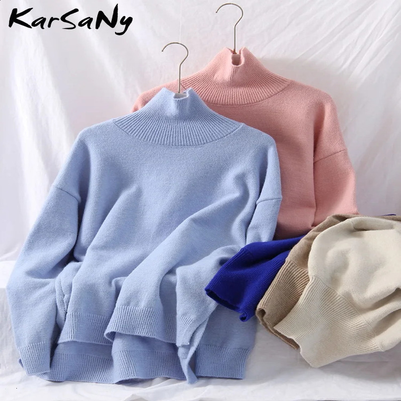 Warm Autumn Turtleneck Sweaters For Women Oversize Solid Pink Pullover Womens Sweater With Split Side Oversized Woman 240730