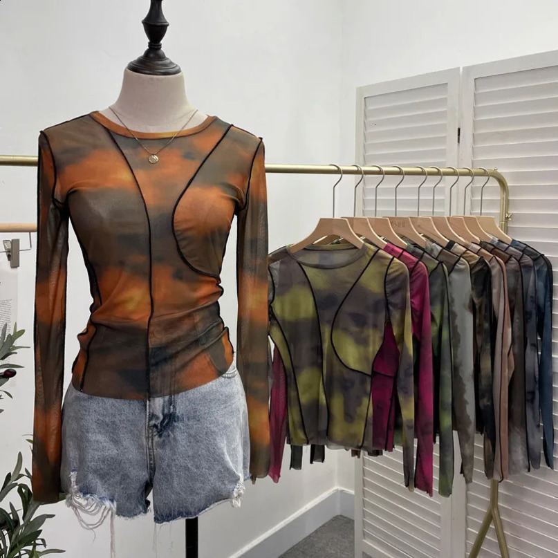 Vintage dyed printed sexy See Through Mesh ultrathin long sleeved top Y2K Tshirt party casual essential streetwear 240820