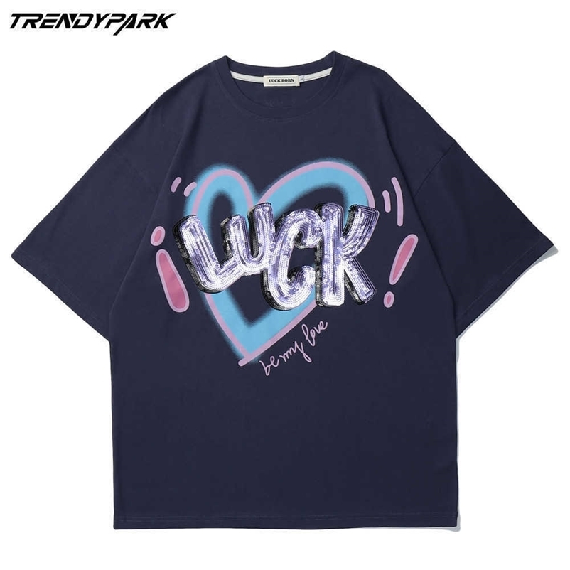 Men's Luck T-shirt Summer Short Sleeve Reflector Embroidery Tee Hip Hop Oversized Cotton Casual Harajuku Streetwear Top Tshirts 210601