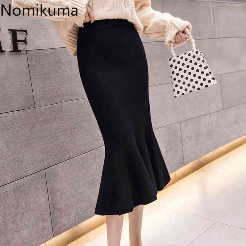 Nomikuma Knitted Mermaid Skirt Korean Solid Sexy Stretch Slim Women Sweater Skirts Autumn Winter New Elegant Faldas 6C953 210427
